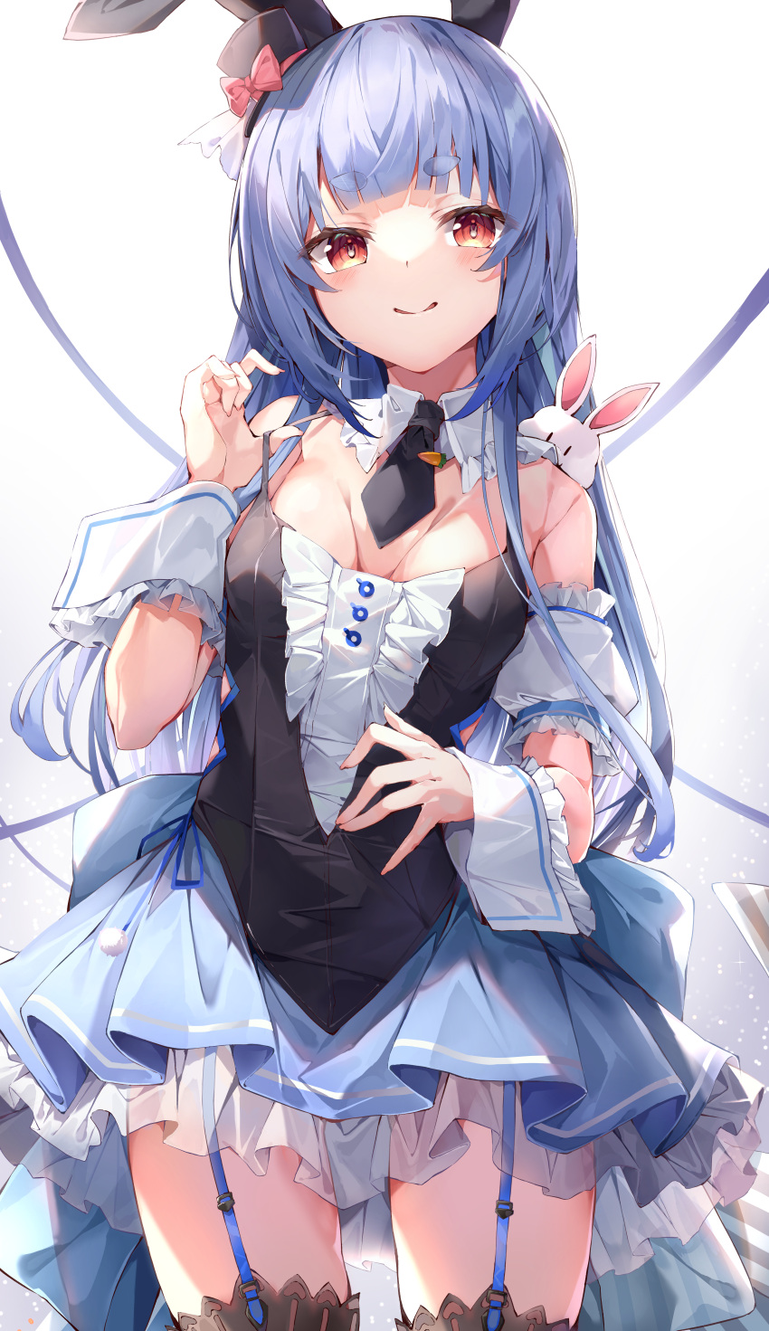1girl, absurdres, animal_ears, black_dress, black_headwear, black_necktie, blue_hair, blunt_bangs, blush, breasts, center_frills, closed_mouth, cowboy_shot, detached_collar, detached_sleeves, dress, fake_animal_ears, frilled_dress, frilled_sleeves, frills, garter_straps, hat, highres, hikimayu, hololive, long_hair, looking_at_viewer, matutoki_nara05, medium_breasts, mini_hat, mini_top_hat, necktie, official_alternate_costume, official_alternate_hairstyle, puffy_detached_sleeves, puffy_short_sleeves, puffy_sleeves, rabbit, rabbit-shaped_pupils, rabbit_ears, rabbit_girl, red_eyes, short_dress, short_eyebrows, short_necktie, short_sleeves, sidelocks, simple_background, sleeveless, sleeveless_dress, smile, solo, symbol-shaped_pupils, thick_eyebrows, thigh-highs, tilted_headwear, top_hat, usada_pekora, usada_pekora_(5th_costume), virtual_youtuber, white_background, white_sleeves, wrist_cuffs
