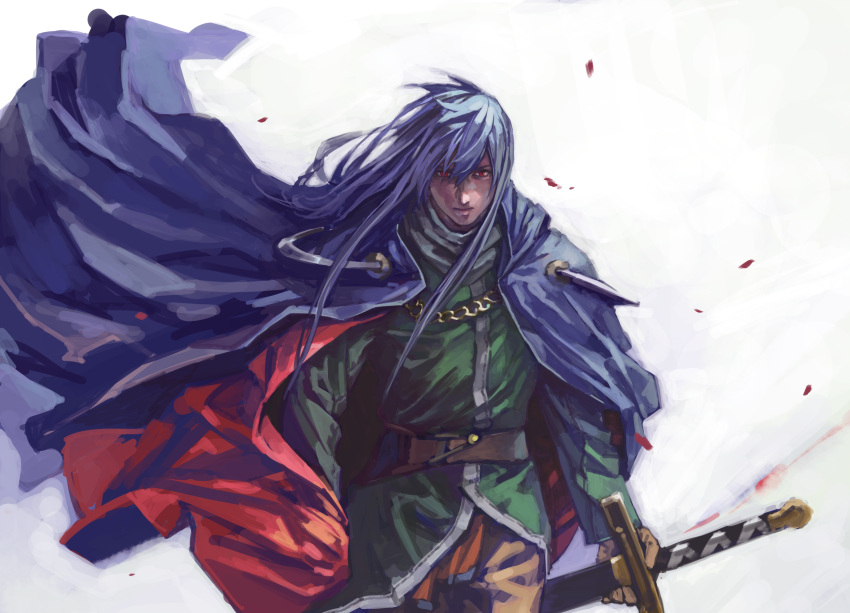 1boy, blue_cape, blue_hair, cape, closed_mouth, dias_flac, highres, holding