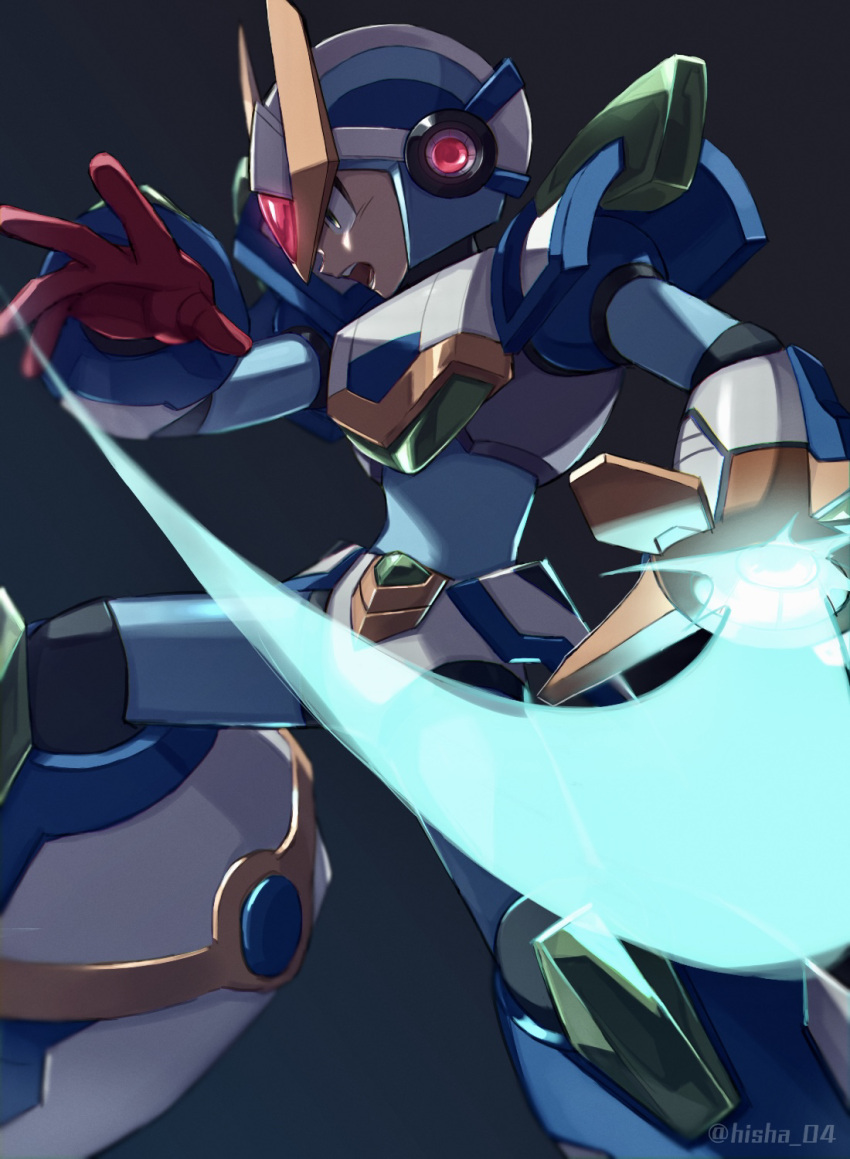 arm_cannon, armor, attack, blade_armor_x_(mega_man), bodystocking, energy_sword, fighting_stance, forehead_jewel, gloves, green_eyes, helmet, highres, looking_to_the_side, mega_man_(series), mega_man_x_(series), official_alternate_costume, phfr3843, shoulder_armor, simple_background, sword, v-fin, weapon, x_(mega_man)