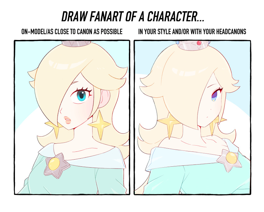 1girl, aqua_dress, aqua_eyes, blonde_hair, blue_eyes, brooch, crown, dress, earrings, english_text, hair_over_one_eye, highres, jewelry, long_hair, long_sleeves, looking_at_viewer, multiple_drawing_challenge, off-shoulder_dress, off_shoulder, official_style, on-model_vs_in_your_style_challenge, oxo_xwo, parted_lips, rosalina, star_(symbol), star_brooch, star_earrings, super_mario_bros., super_mario_galaxy