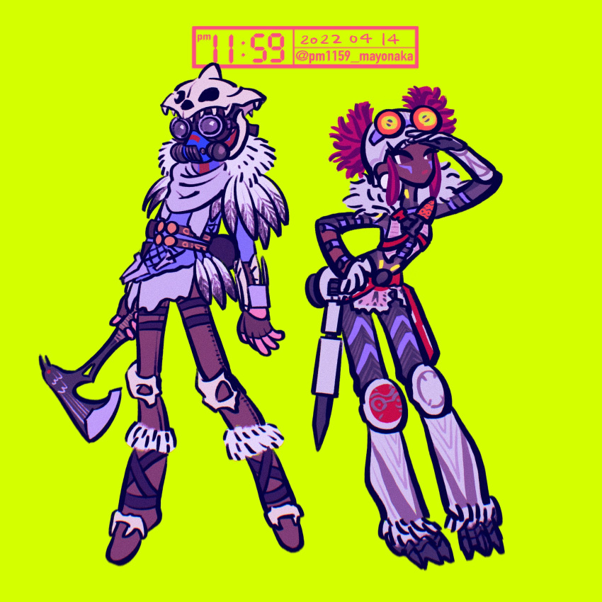 1girl, 1other, ambiguous_gender, animal_skull, apex_legends, artist_name, axe, belt