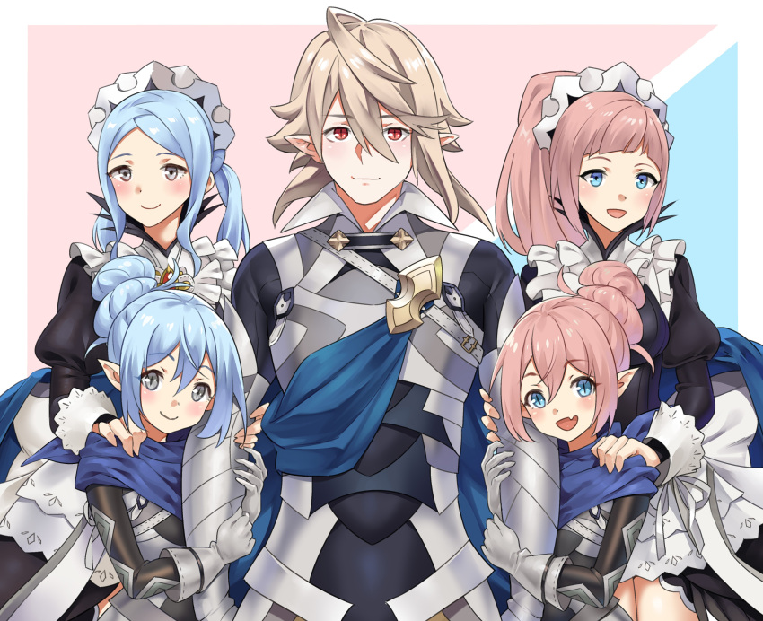 1boy, 4girls, absurdres, alternate_hair_color, armor, blue_cape, blue_eyes, blue_hair