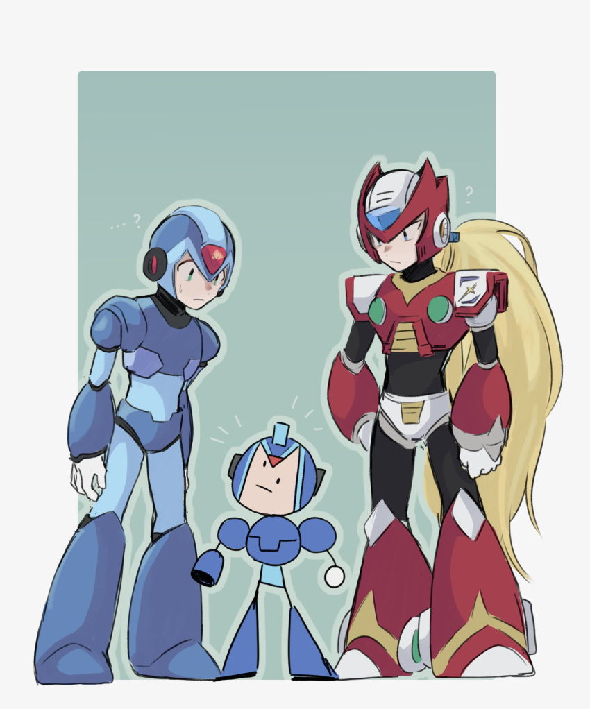 ..., ._., 3boys, ?, android, arm_cannon, blonde_hair, blue_eyes