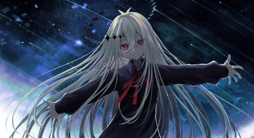 1girl, antenna_hair, bandaged_fingers, bandages, black_dress, bright_pupils, collared_dress, commentary, crossed_bangs, dark_halo, dress, floating_hair, gekiyaku, grin, hair_between_eyes, halo, leaning_to_the_side, long_bangs, long_hair, long_sleeves, looking_at_viewer, meteor_shower, neck_ribbon, outstretched_arms, pale_skin, red_eyes, red_ribbon, ribbon, sidelocks, sky, smile, solo, sparkle_hair_ornament, spread_arms, star_(sky), starry_sky, straight-on, su_ha_ya, symbol-only_commentary, upper_body, utau, very_long_hair, white_pupils