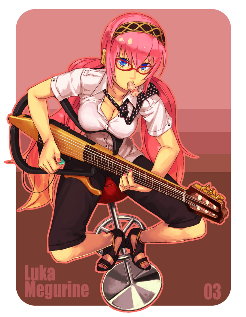 and, blue_eyes, breasts, cleavage, duplicate, glasses, instrument, megurine_luka