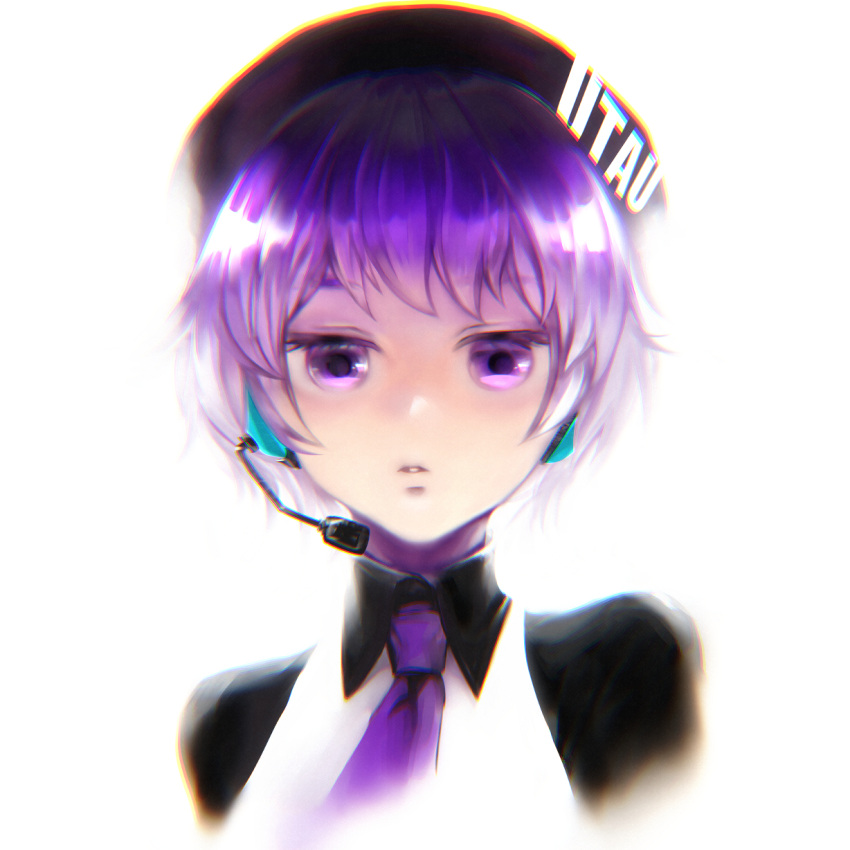 1girl, beret, black_sleeves, chromatic_aberration, collared_shirt, commentary_request, copyright_name, cropped_shoulders