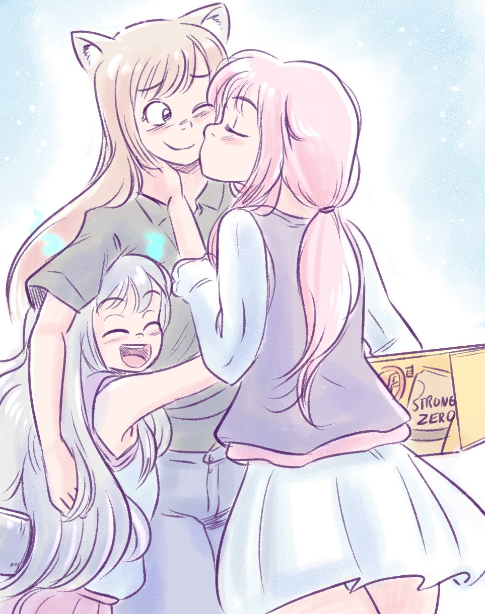 3girls, alien, alternate_hairstyle, animal_ear_fluff, animal_ears, blonde_hair, blush, casual