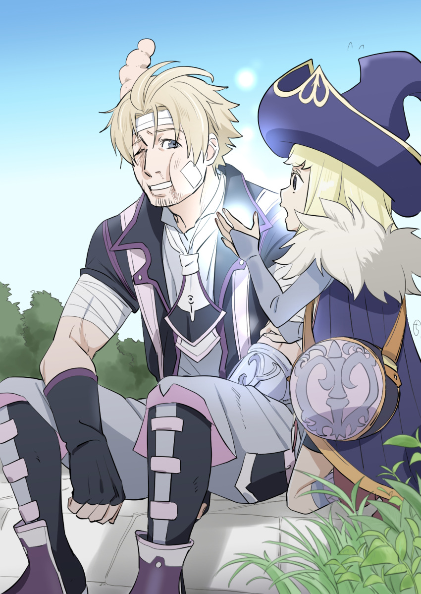 1boy, 1girl, ahoge, bandaid, bandaid_on_cheek, bandaid_on_face, blonde_hair, facial_hair
