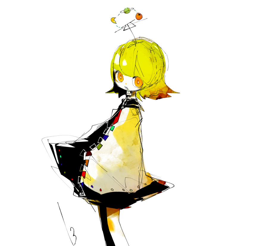 13_31n, 1girl, blonde_hair, bright_pupils, closed_mouth, commentary_request, crescent, expressionless, feet_out_of_frame, flipped_hair, floating_headgear, food, from_side, fruit, headgear, leaning_back, looking_at_viewer, looking_to_the_side, mandarin_orange, nijimine_kakoi, orange_eyes, planet, poncho, radio_antenna, short_hair, simple_background, solo, standing, utau, white_background, white_pupils, zipper, zipper_pull_tab