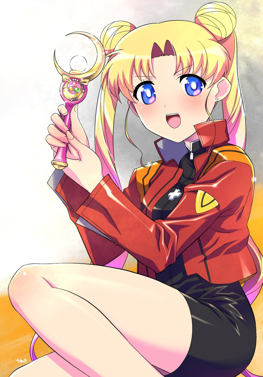 1girl, bishoujo_senshi_sailor_moon, black_dress, blonde_hair, blue_eyes, cosplay, crescent_wand, cross