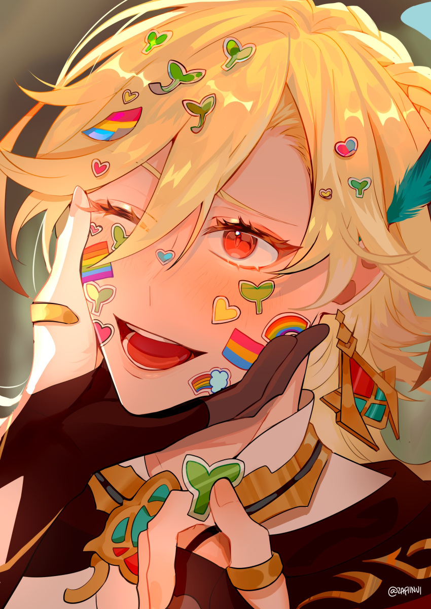 2boys, absurdres, alhaitham_(genshin_impact), arabian_clothes, black_gloves, blonde_hair, blush, close-up