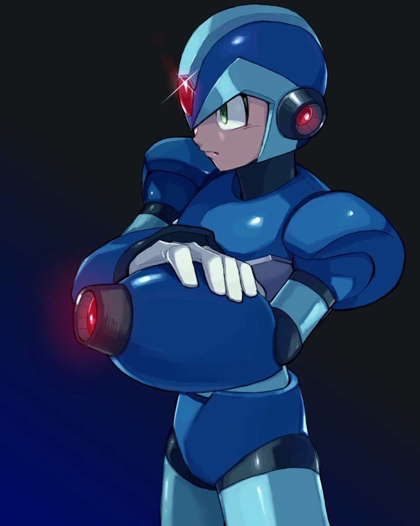 1boy, arm_cannon, armor, body_armor, bodystocking, forehead_jewel, gauntlets, gloves, glowing, glowing_weapon, green_eyes, hand_on_weapon, helmet, light_frown, looking_to_the_side, male_focus, mega_man_(series), mega_man_x_(series), phfr3843, shoulder_armor, simple_background, weapon, x_(mega_man)