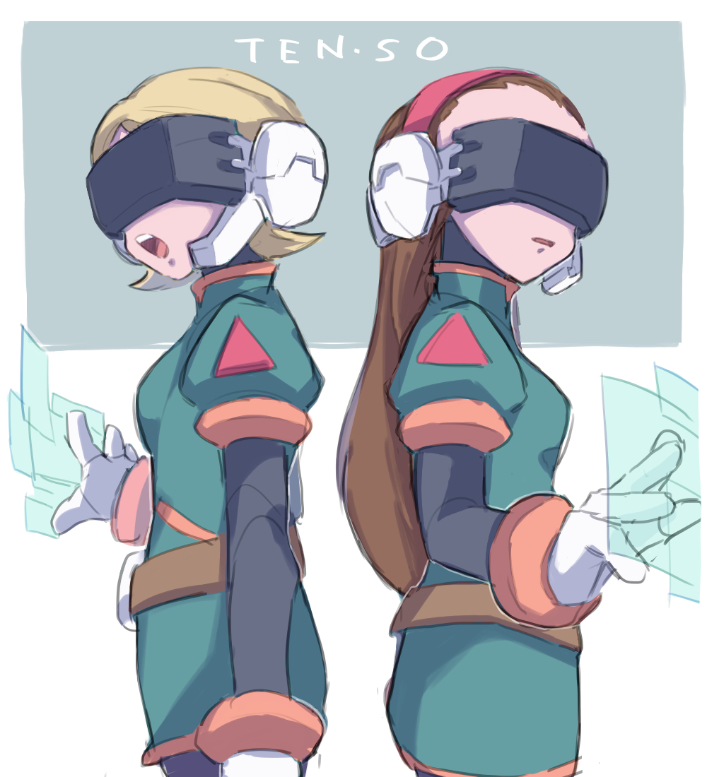 2girls, artist_name, belt, blonde_hair, bodystocking, brown_hair, from_side, gloves, hairband, headset, joan_(mega_man), long_hair, mega_man_(series), mega_man_zero_(series), multiple_girls, open_mouth, phfr3843, rouge_(mega_man), short_hair, short_sleeves, skirt, white_background