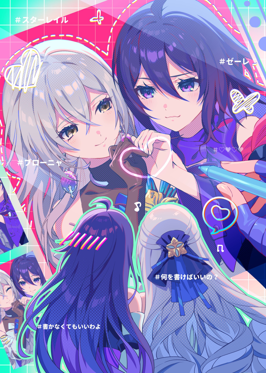 2girls, :3, absurdres, ahoge, bare_shoulders, blue_eyes, blue_hair, blue_scarf