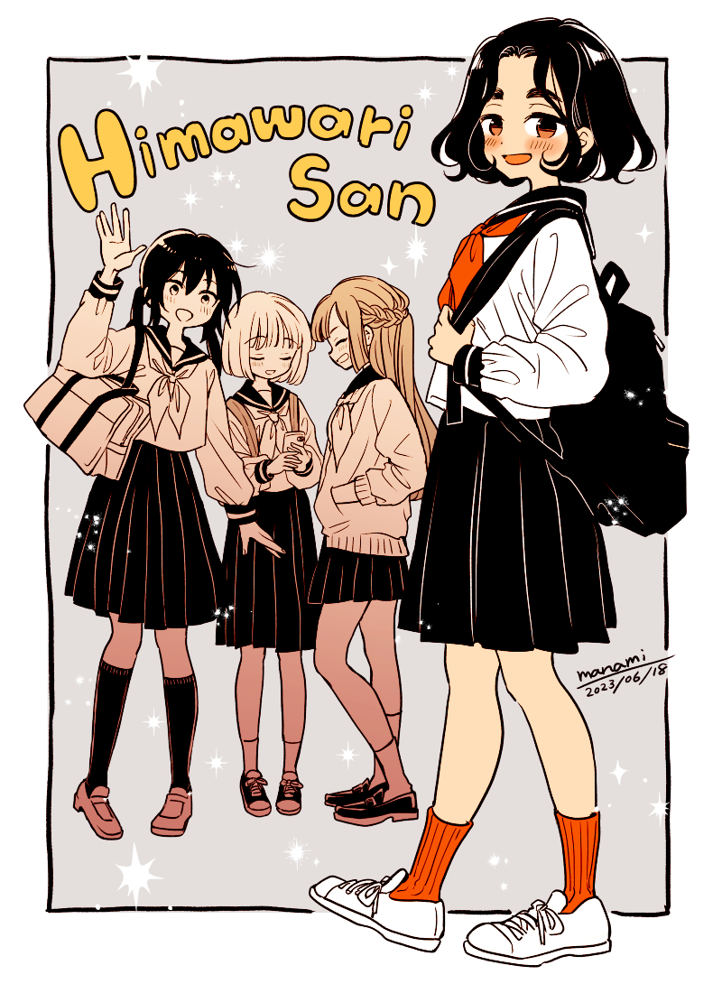 4girls, :d, artist_name, bag, black_hair, black_sailor_collar, black_skirt, blush