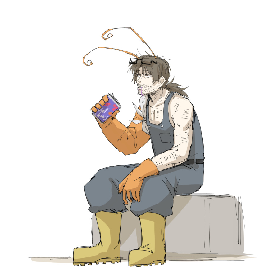 1boy, antennae, beard_stubble, belt, boots, can, e.g.o_(project_moon), eyewear_on_head