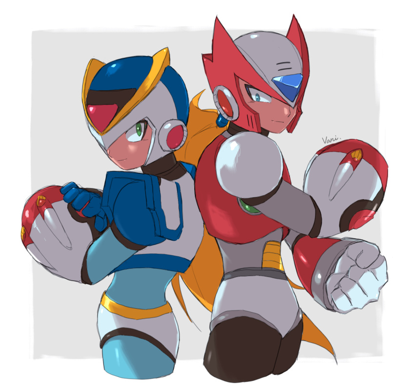 2boys, arm_cannon, armor, back-to-back, blonde_hair, blue_eyes, body_armor, bodystocking