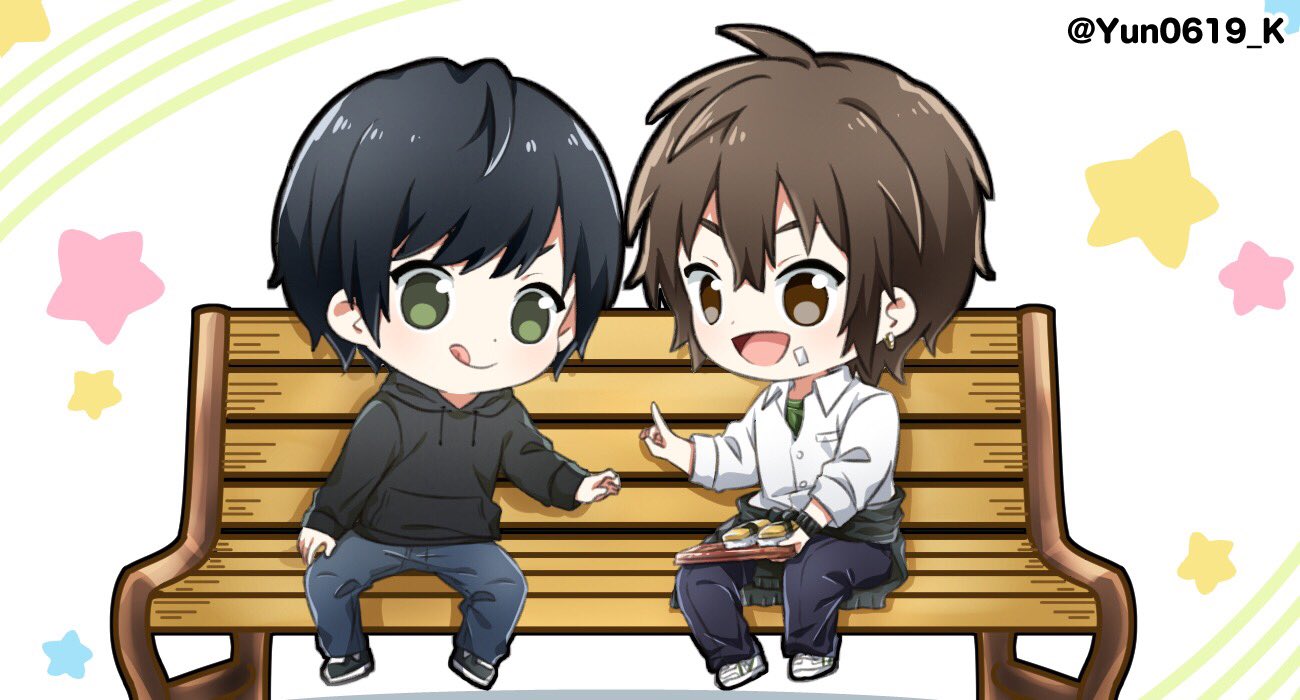 2boys, bandaid, bandaid_on_face, bench, brown_hair, chibi, food, gero