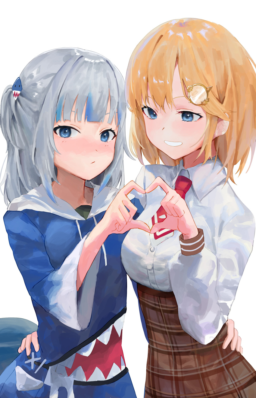 2girls, absurdres, amolla28293647, blonde_hair, blue_eyes, blue_hair, blue_hood, blue_hoodie, blush, bob_cut, brown_skirt, collared_shirt, fins, fish_tail, gawr_gura, gawr_gura_(1st_costume), grey_hair, grin, hair_ornament, hand_on_another's_waist, heart, heart_hands, heart_hands_duo, high-waist_skirt, highres, hololive, hololive_english, hood, hoodie, looking_at_viewer, medium_hair, monocle_hair_ornament, multicolored_hair, multiple_girls, necktie, red_necktie, shark_girl, shark_hair_ornament, shark_tail, shirt, short_hair, skirt, smile, streaked_hair, tail, virtual_youtuber, watson_amelia, watson_amelia_(1st_costume), white_shirt