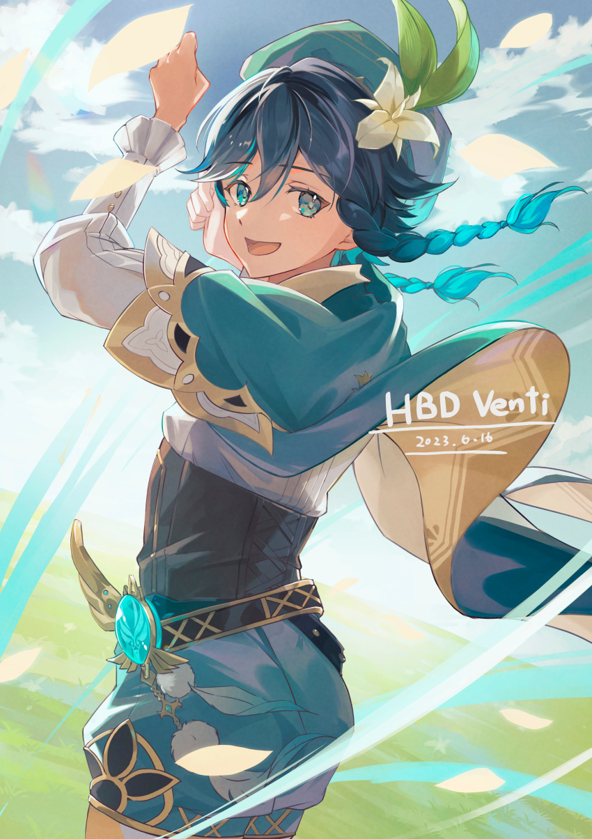 1boy, absurdres, beret, black_hair, blue_hair, braid, brown_corset, cape