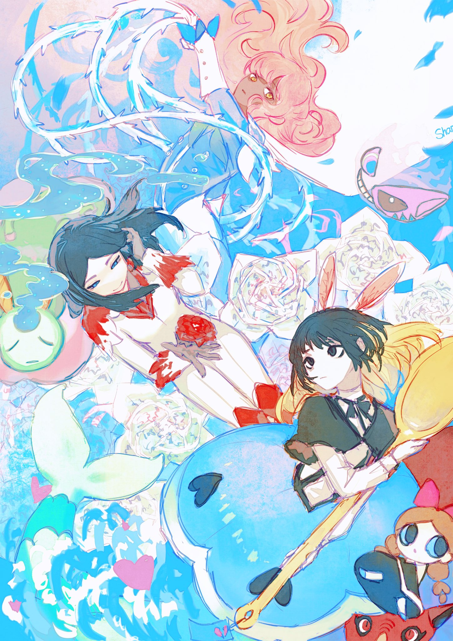 3others, a_party_everlasting, animal_ears, black_bow, black_bowtie, black_capelet, black_eyes, black_hair