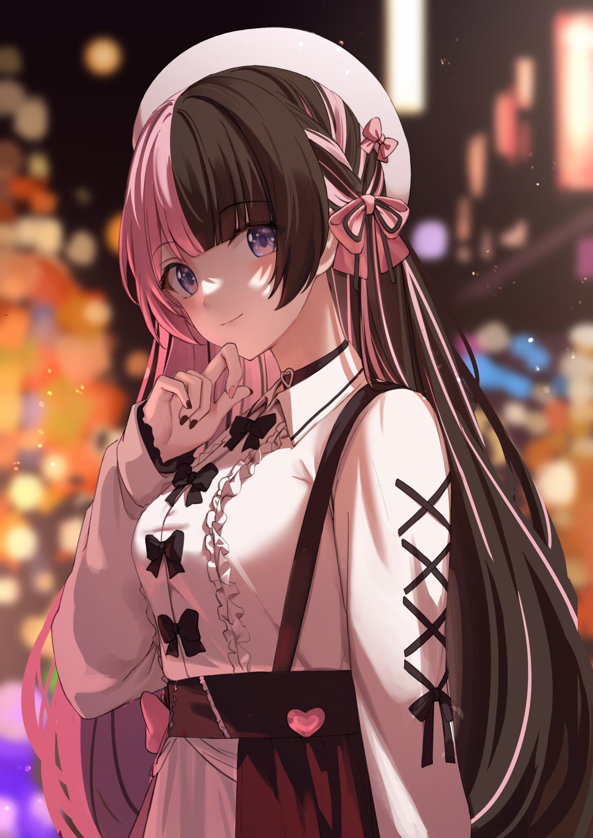 1girl, alternate_costume, black_bow, black_choker, black_hair, black_nails, blunt_bangs, bow