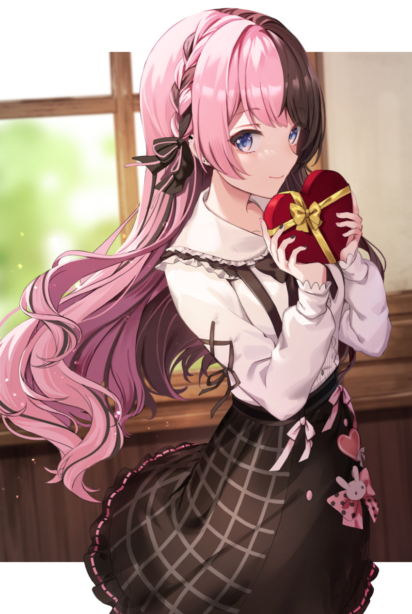 1girl, black_hair, black_skirt, blouse, blue_eyes, box, braid, collar