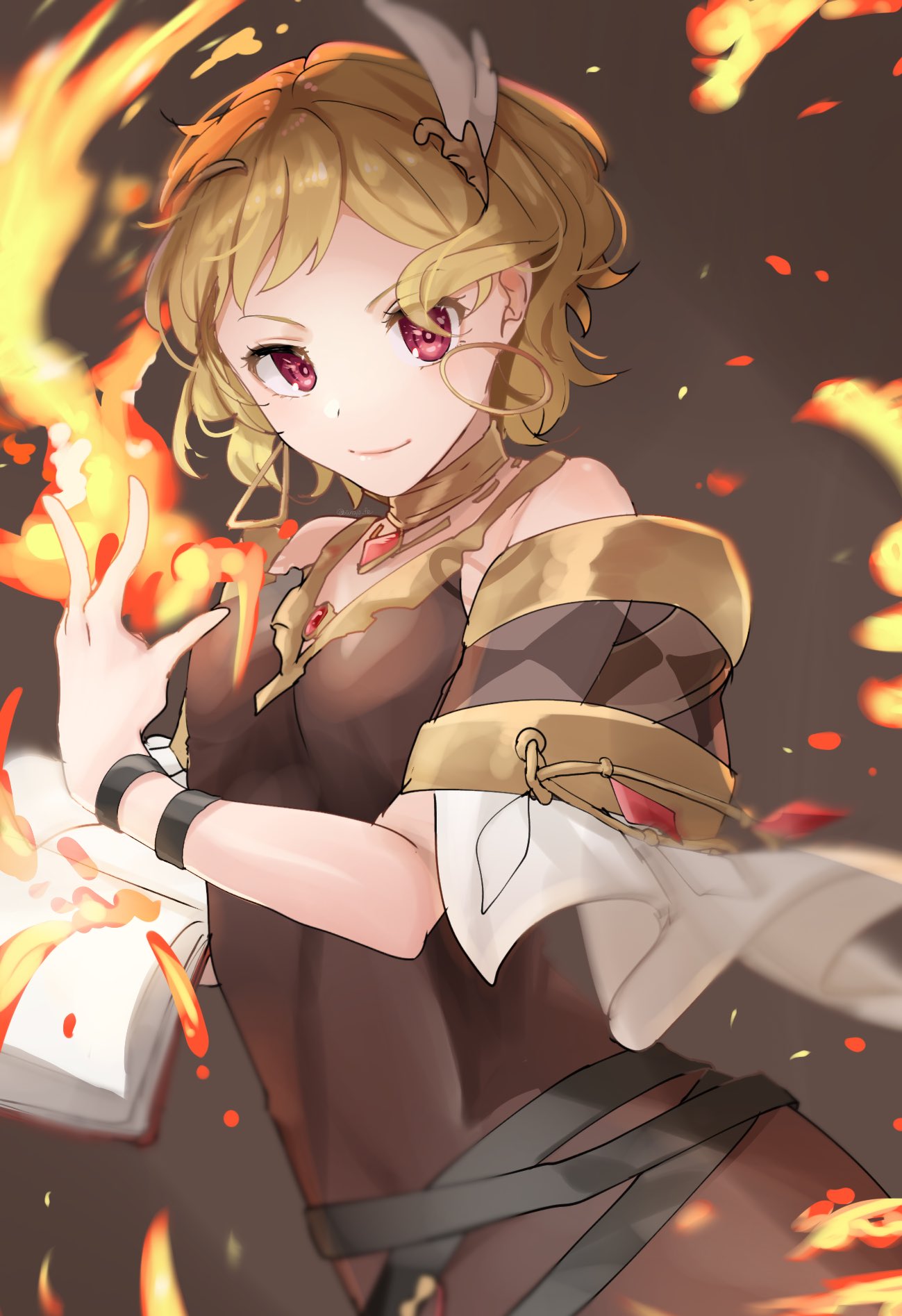 1girl, blonde_hair, book, citrinne_(fire_emblem), closed_mouth, dress, earrings, feather_hair_ornament, feathers, fire, fire_emblem, fire_emblem_engage, gem, hair_ornament, highres, holding, holding_book, hoop_earrings, jewelry, looking_at_viewer, necklace, red_eyes, sakura_no_yoru, short_hair, solo