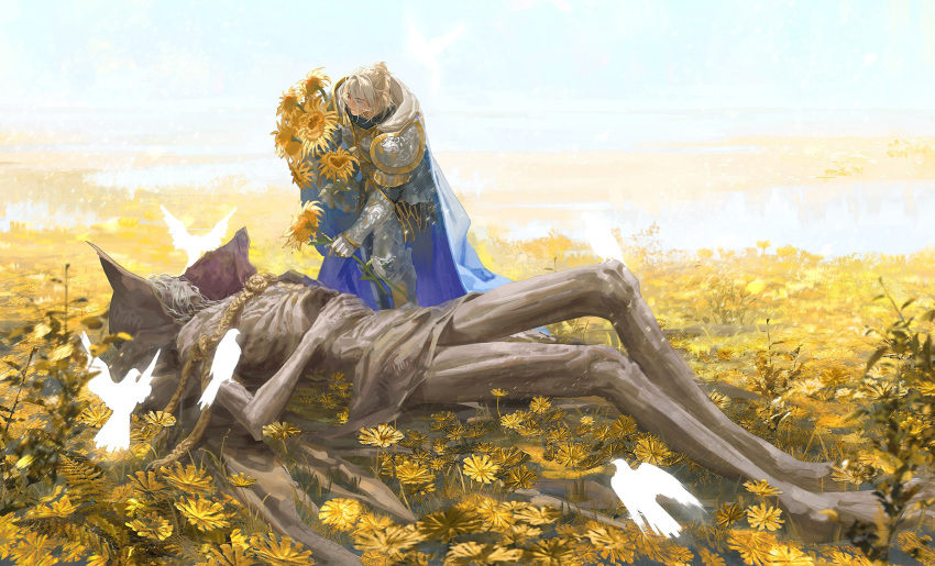 2boys, armor, bird, blonde_hair, blue_cape, blue_sky, braid, breastplate, cape, chinese_commentary, closed_eyes, commentary_request, corpse, day, death, elden_ring, field, flower, flower_field, full_body, gauntlets, giving, glowing_bird, greaves, hair_bun, half_updo, hand_on_own_stomach, highres, holding, holding_flower, lucianalin, lying, male_focus, margit_the_fell_omen, morgott_the_omen_king, multiple_boys, on_back, outdoors, pauldrons, rope, short_hair, shoulder_armor, single_braid, single_hair_bun, sky, standing, sunflower, tarnished_(elden_ring), white_bird, yellow_flower