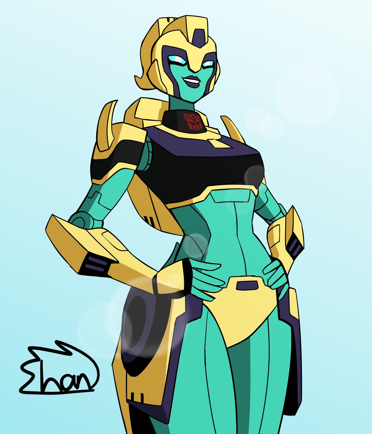 1girl, autobot, black_lips, blue_background, blue_eyes, breasts, colored_skin, curvy, elita_one, green_skin, hands_on_own_hips, highres, humanoid_robot, lips, medium_breasts, panties, robot, shan_4rt, transformers, transformers_animated, underwear, yellow_panties
