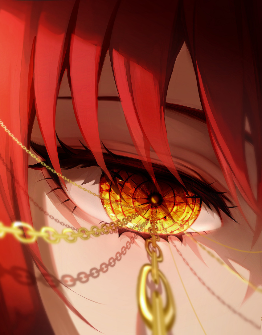 1girl, 58_(opal_00_58), absurdres, chain, chainsaw_man, close-up, crystal_eye, eye_focus, eyelashes, gold_chain, hair_between_eyes, highres, makima_(chainsaw_man), redhead, ringed_eyes, shaded_face, symbol-shaped_pupils, yellow_eyes