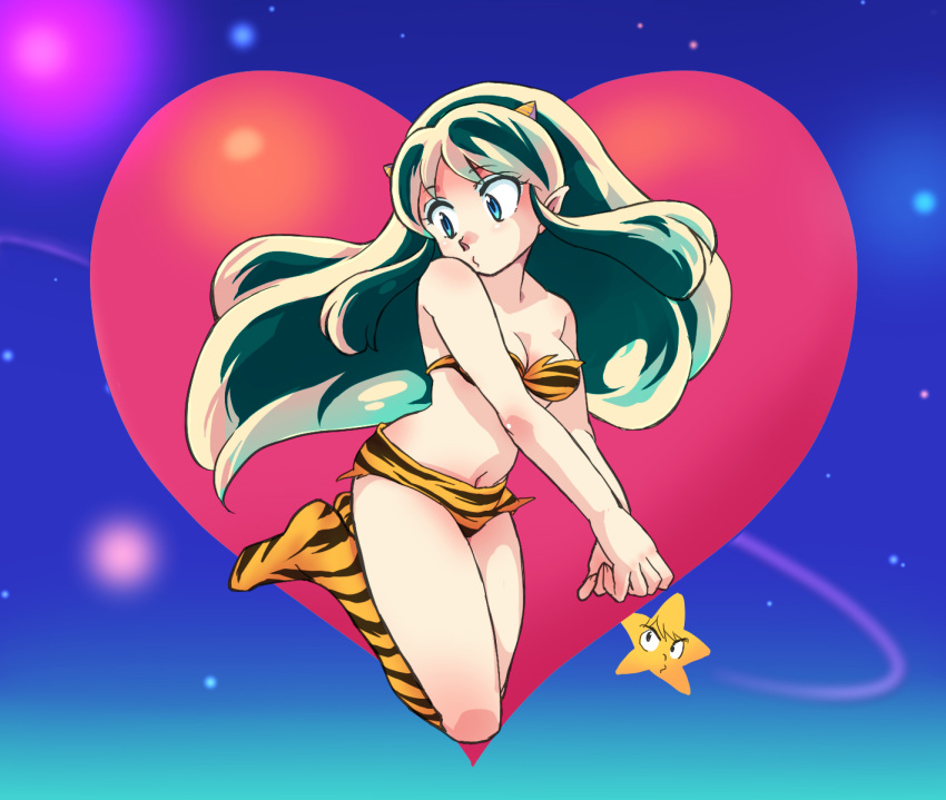 blue_eyes, green_hair, heart, highres, horns, lum, maru-sima, navel