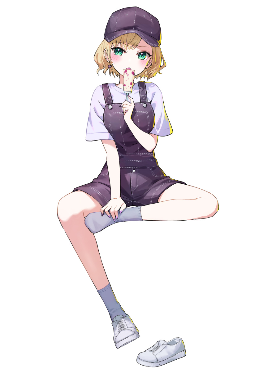 1girl, absurdres, alternate_costume, baseball_cap, blonde_hair, blush, ear_piercing, earrings