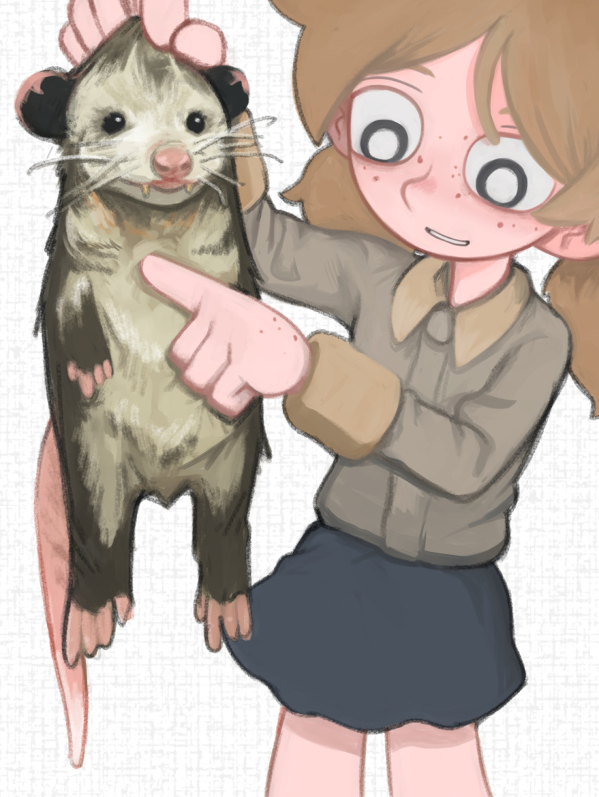 1girl, animal, blue_skirt, brown_hair, brown_shirt, collared_shirt, fangs, freckles
