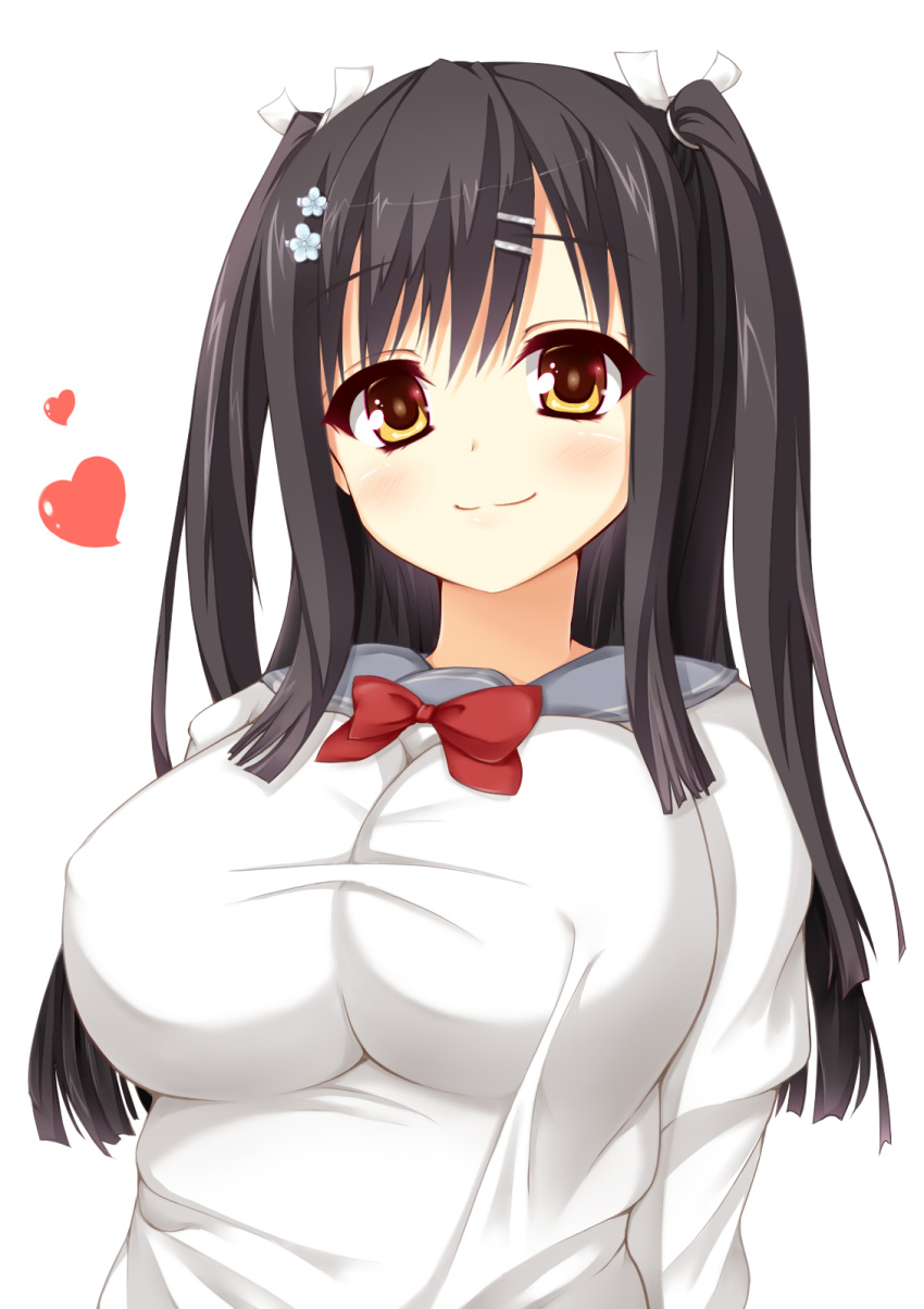 1girl, :3, blunt_ends, blush, bow, bowtie, breasts, closed_mouth