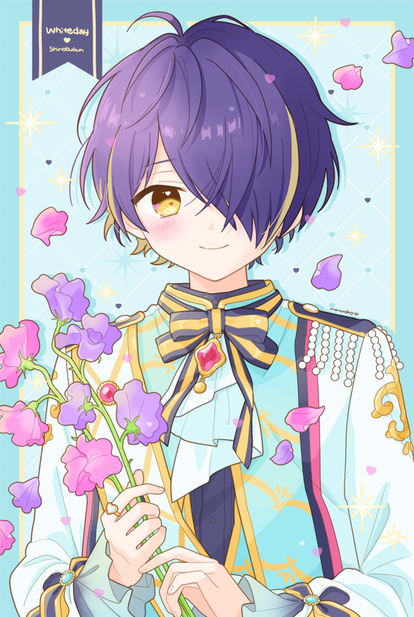 1boy, blonde_hair, blue_background, blush, blush_flash_(ensemble_stars!), closed_mouth, ensemble_stars!, epaulettes