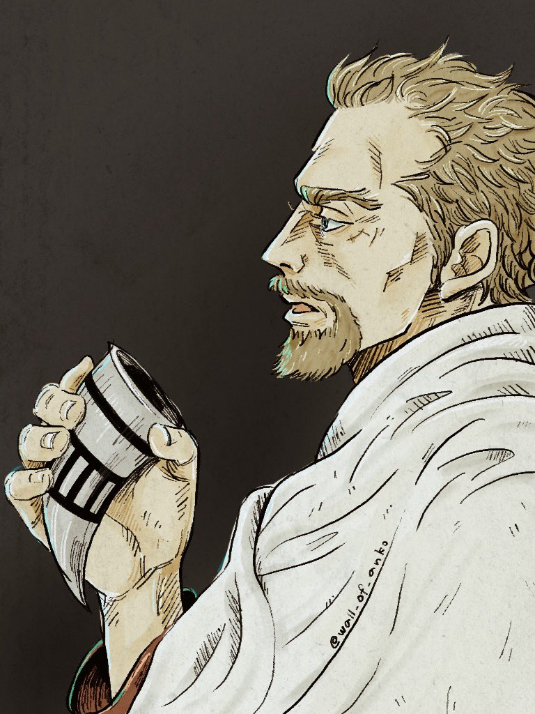 1boy, aquiline_nose, askeladd, beard, blonde_hair, blue_eyes, drinking_horn, facial_hair