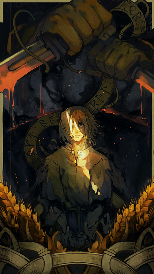 1boy, blonde_hair, brown_eyes, dual_wielding, holding, knife, limited_palette, looking_at_viewer, male_focus, messy_hair, natsumika, norse, old_norse_text, runes, short_hair, solo_focus, sunlight, thorfinn, vinland_saga, wheat