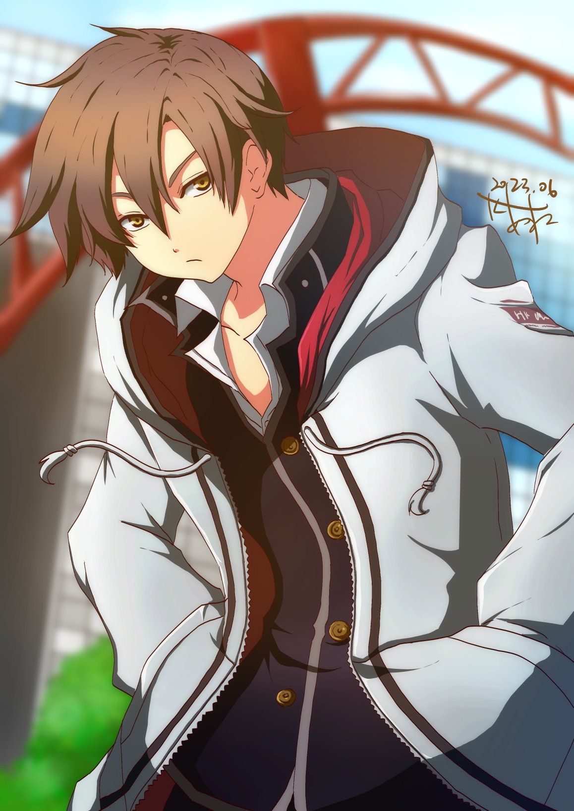 1boy, akane_kazami, brown_hair, dated, hair_between_eyes, hand_in_pocket, highres, hood