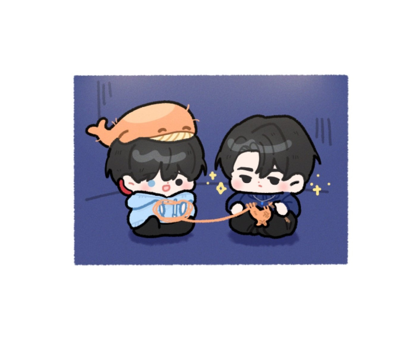 2boys, bbing_zzi, black_eyes, black_hair, blue_eyes, blue_hoodie, blush, border