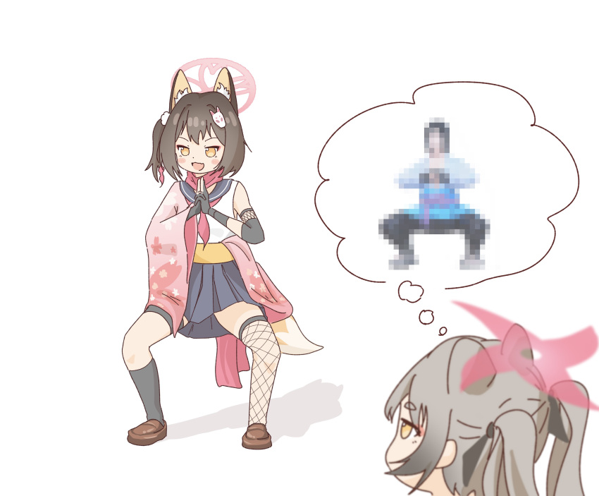 1boy, 2girls, absurdres, animal_ears, balancing_sasuke, black_gloves, blue_archive, blue_sailor_collar