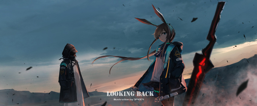 absurdres, amiya_(arknights), animal_ears, arknights, artist_name, black_jacket, black_pantyhose, black_skirt, blue_eyes, blue_jabot, blue_jacket, brown_hair, clouds, cloudy_sky, cowboy_shot, de4d_fish, debris, doctor_(arknights), dress, dusk, evening, floating_hair, from_side, hair_ornament, hands_in_pockets, highres, hood, hood_down, hood_up, hooded_jacket, horizon, horse_ears, horse_girl, infection_monitor_(arknights), jacket, legs_together, long_hair, looking_at_viewer, miniskirt, open_clothes, open_jacket, outdoors, pantyhose, planted, planted_sword, pleated_skirt, ponytail, scenery, shirt, skirt, sky, sword, thighlet, very_long_hair, watermark, weapon, white_dress, white_shirt