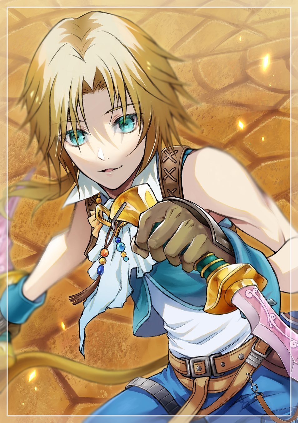 1boy, bare_shoulders, belt, belt_buckle, blonde_hair, blue_eyes, blue_pants, blue_vest
