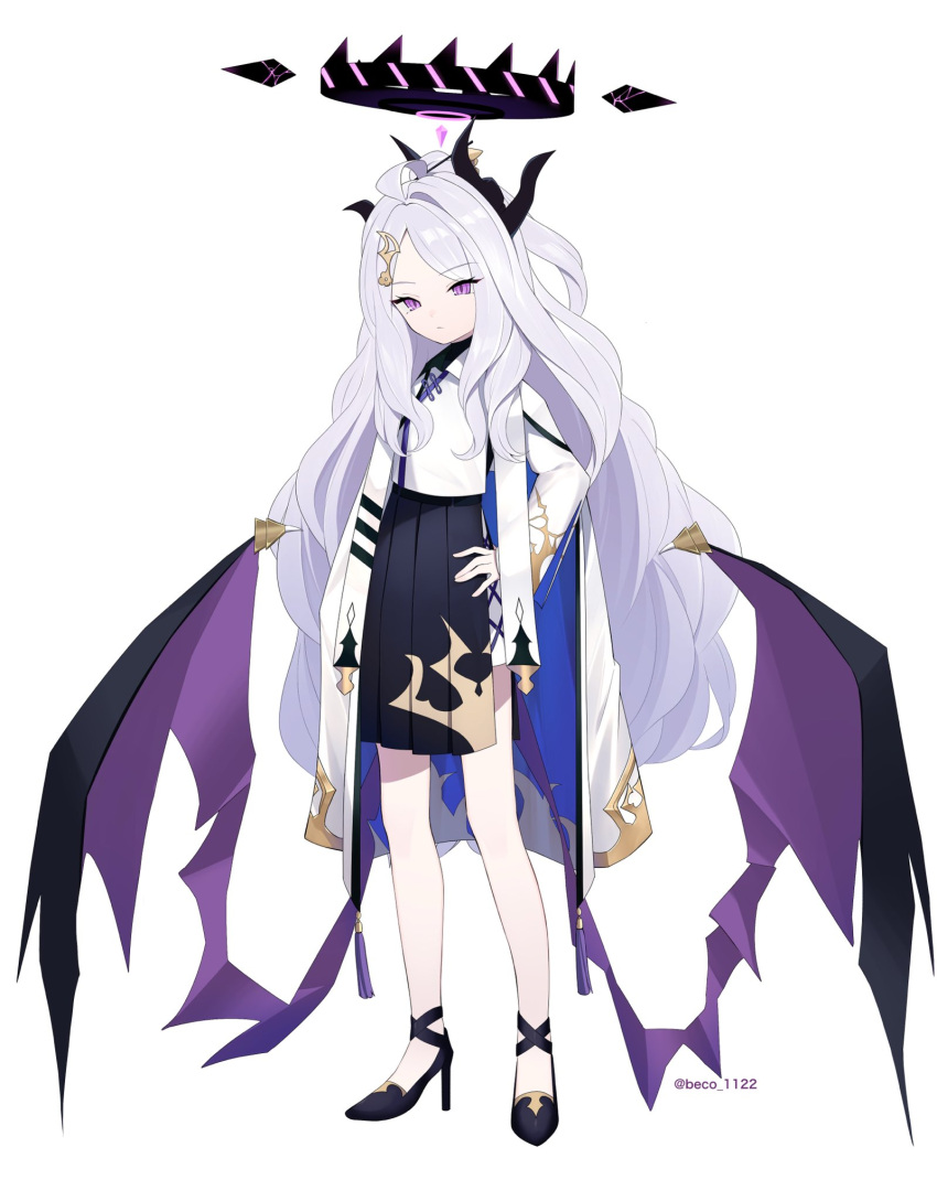 1girl, ahoge, alternate_costume, beko_(beco_1122), black_footwear, black_skirt, blue_archive, chinese_clothes, coat, commentary_request, demon_girl, demon_horns, demon_wings, forehead, full_body, hair_ornament, hairclip, halo, hand_on_own_hip, high_heels, highres, hina_(blue_archive), horns, long_hair, long_sleeves, looking_at_viewer, parted_bangs, pleated_skirt, ponytail, side_slit, sidelocks, simple_background, skirt, solo, standing, twitter_username, violet_eyes, white_background, white_coat, white_hair, wings