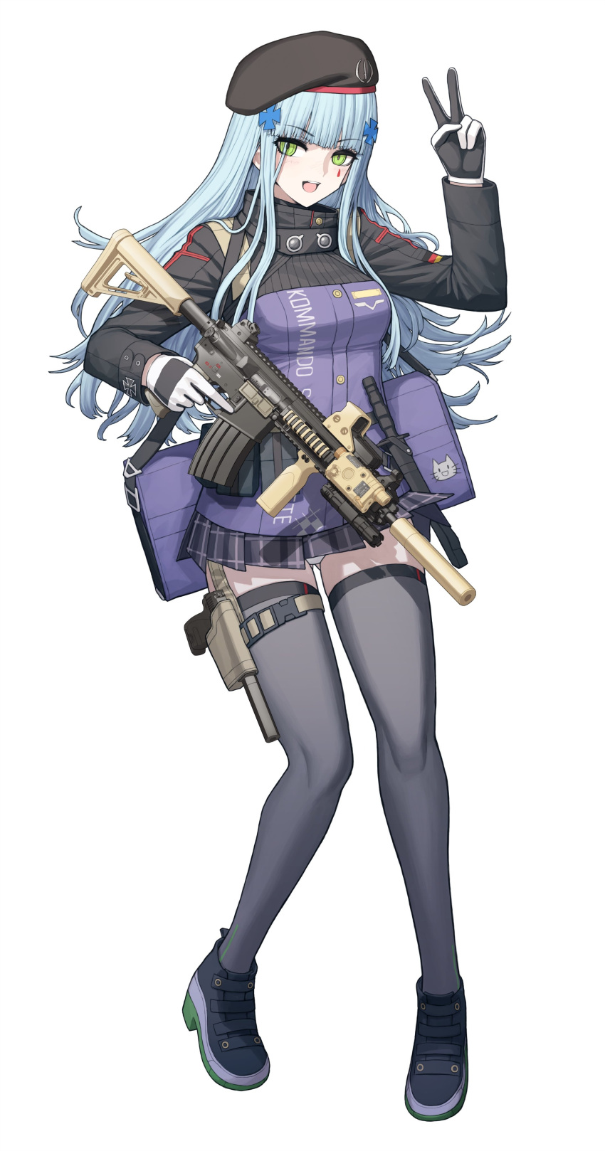 1girl, absurdres, assault_rifle, bag, beret, black_jacket, blue_hair, cheogtanbyeong