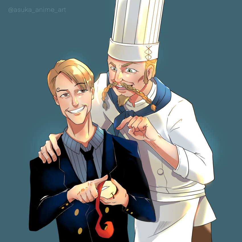2boys, apple, artist_name, asuka_young, asymmetrical_bangs, beard, black_necktie, blonde_hair, braid, braided_beard, chef, chef_hat, cutting, facial_hair, food, formal, fruit, goatee, grin, hand_on_another's_shoulder, hat, highres, holding, holding_food, holding_fruit, male_focus, multiple_boys, mustache, necktie, one_piece, one_piece_(live_action), red_shoes_zeff, sanji_(one_piece), short_hair, simple_background, smile, uniform