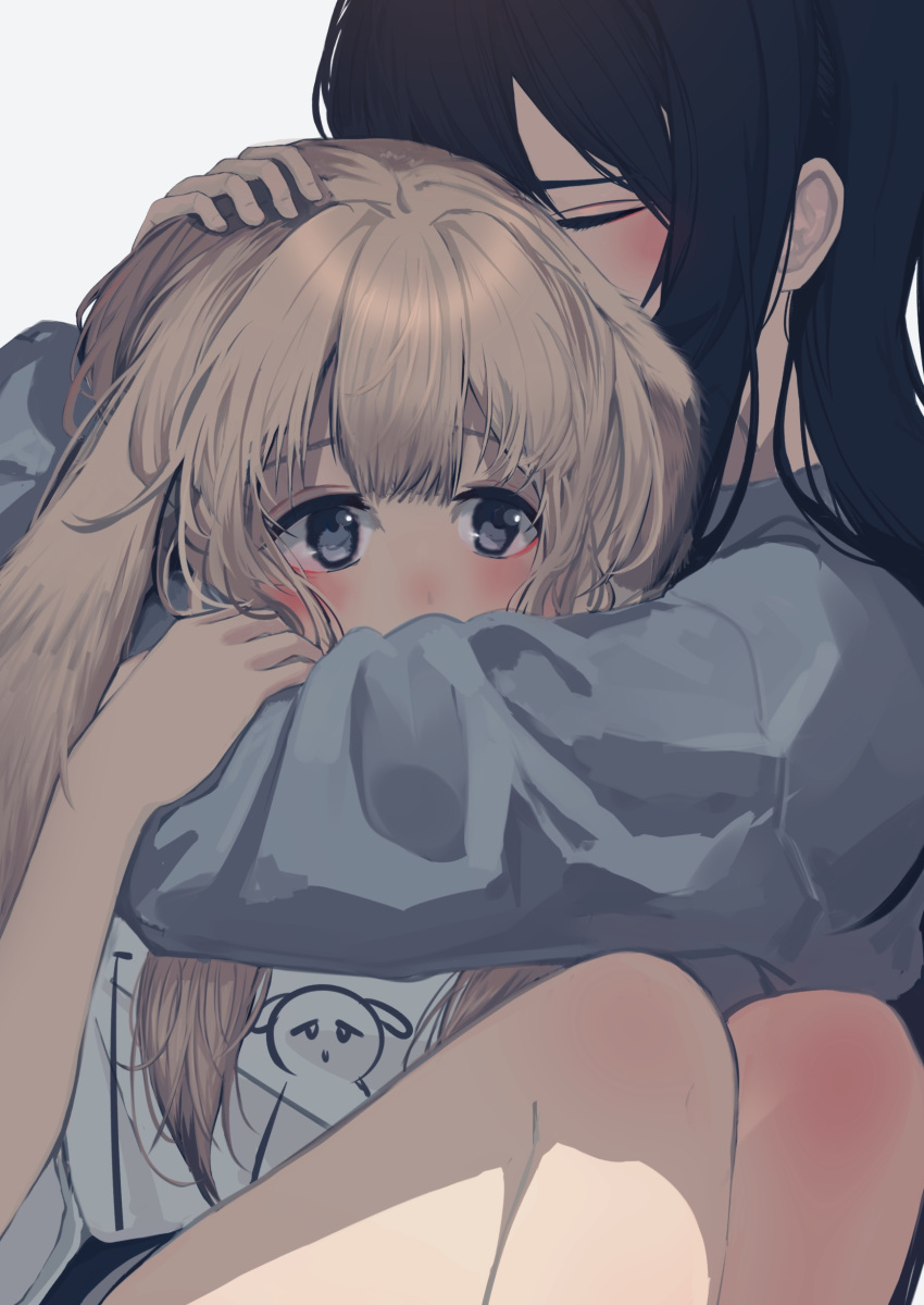 2girls, 8rk9, absurdres, animal_ears, black_hair, black_shorts, blush, brown_hair, closed_eyes, covered_mouth, cropped, facing_another, floppy_ears, grey_eyes, gym_shorts, hair_between_eyes, hand_on_another's_arm, hand_on_another's_head, highres, hug, knees_up, long_hair, long_sleeves, looking_ahead, multiple_girls, original, print_shirt, rabbit_ears, rabbit_girl, raised_eyebrows, shirt, shorts, sidelocks, simple_background, sitting, straight_hair, thighs, upper_body, white_background, white_shirt, yuri
