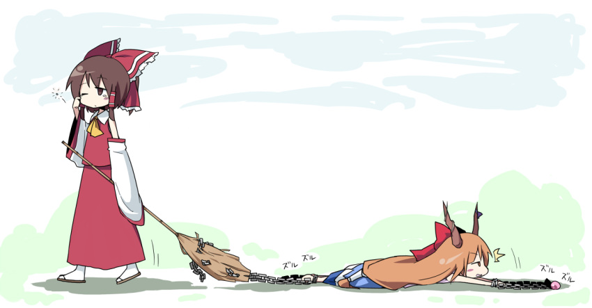 2girls, ane, bow, broom, brown_eyes, brown_hair, chain, detached_sleeves, dragging, hair_bow, hakurei_reimu, horns, ibuki_suika, japanese_clothes, long_hair, miko, multiple_girls, sandals, sandles, short_hair, sleepy, touhou, walking