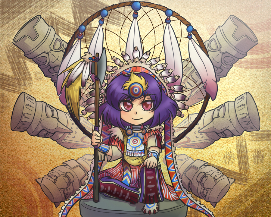 axe, bad_id, chibi, dream_catcher, feathers, headdress, kawahagi, native_american