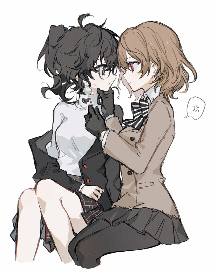 2girls, absurdres, akechi_gorou, amamiya_ren, anger_vein, black_gloves, black_hair, black_jacket